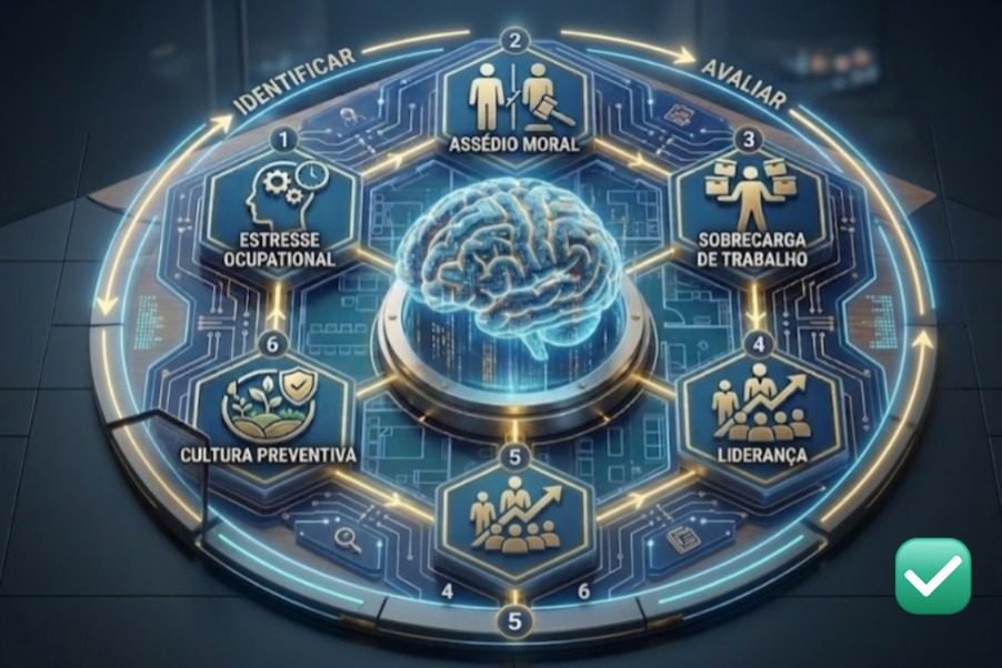 Riscos psicossociais na NR-01 representados por um modelo de gestão preventiva com foco em saúde mental, liderança e cultura organizacional.